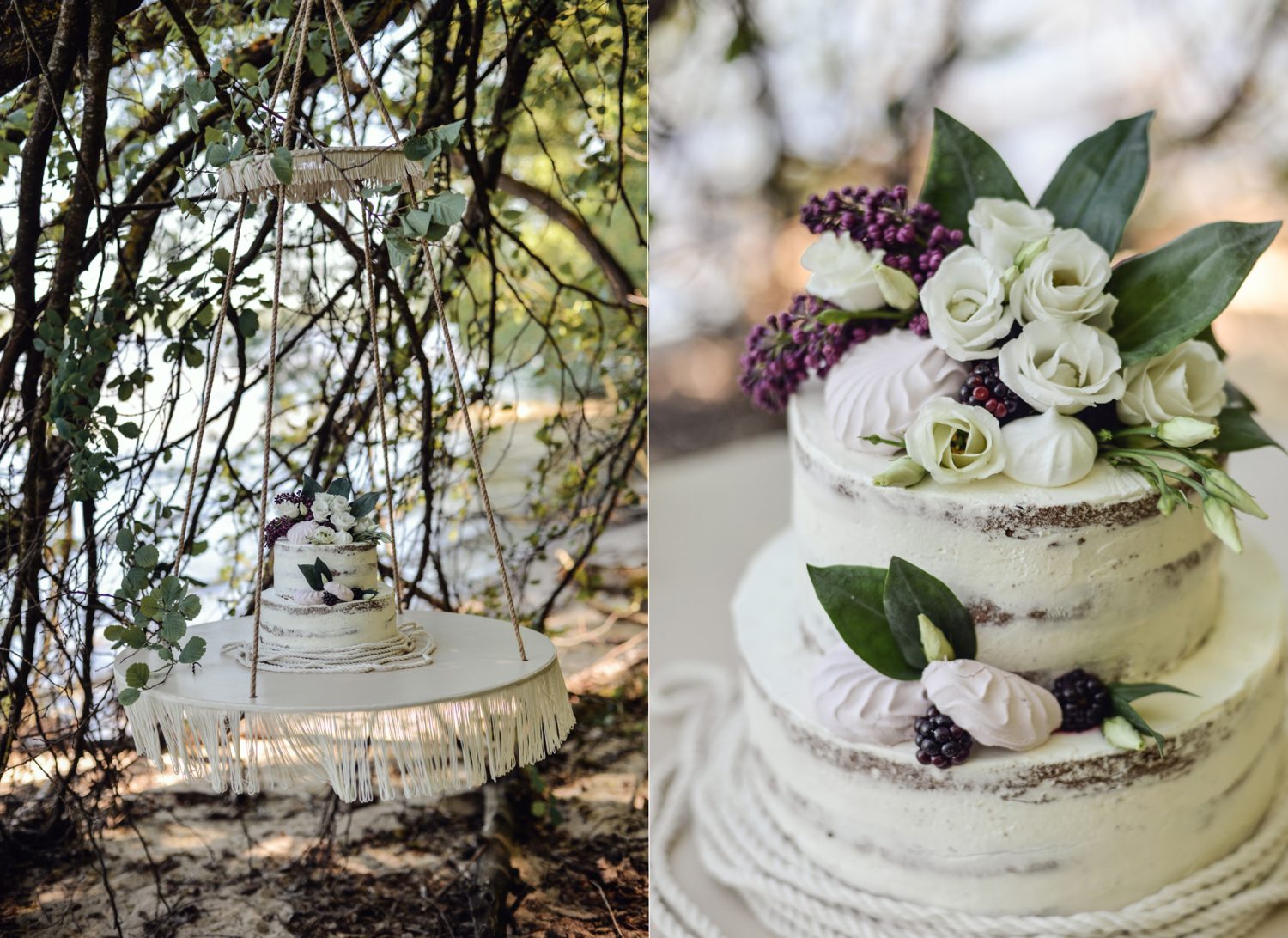 boho inspired white naked wedding cake decorated with flowers