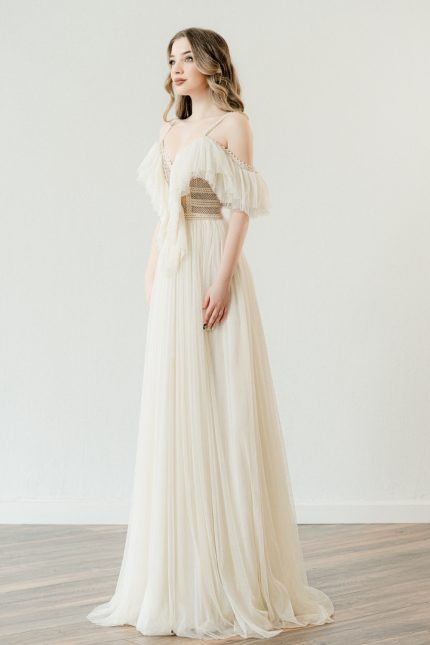Off-shoulder wedding dresses: 'Aster' by Atelier Zolotas