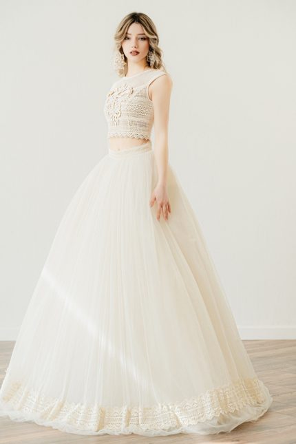 Boho Crop Top Wedding Dress: 'Hera' top & ball gown skirt by Atelier Zolotas