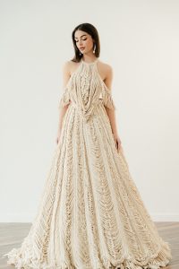 A fringe wedding gown combo comprised of the Omelia top and the Zea skirt, by Atelier Zolotas