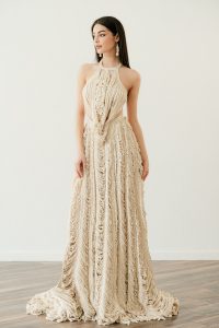 A fringe wedding gown combo comprised of the Omelia top and the Zea skirt, by Atelier Zolotas