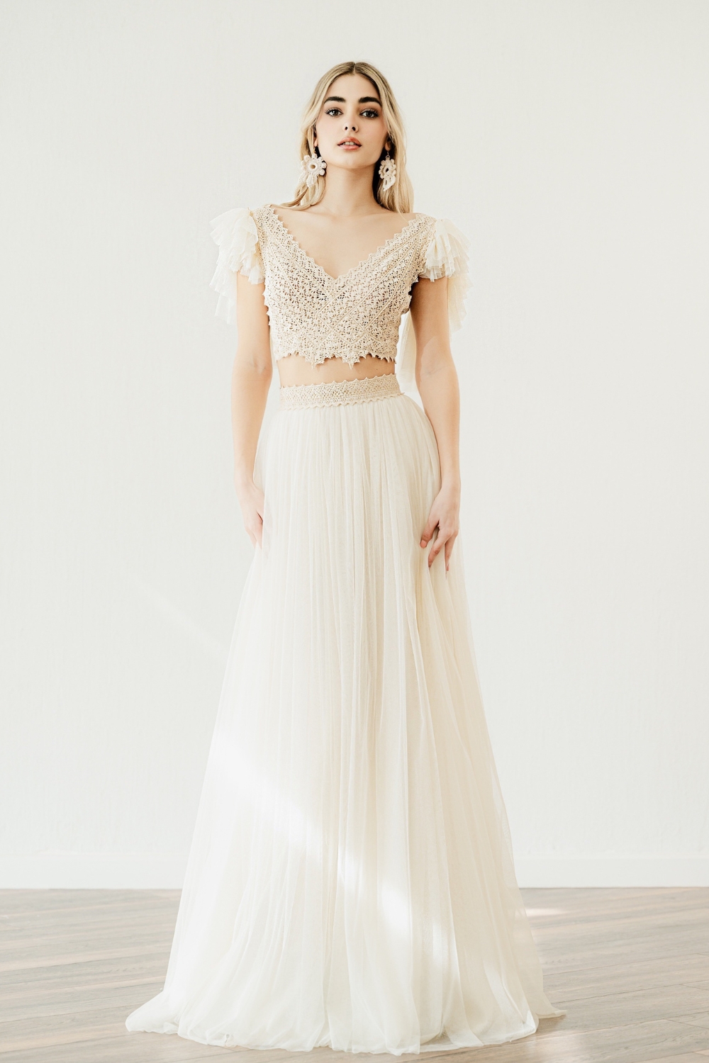 bohemian crop top wedding dress Crop Top Lace Two Piece Boho Spaghetti Straps Wedding Dresses, MW509