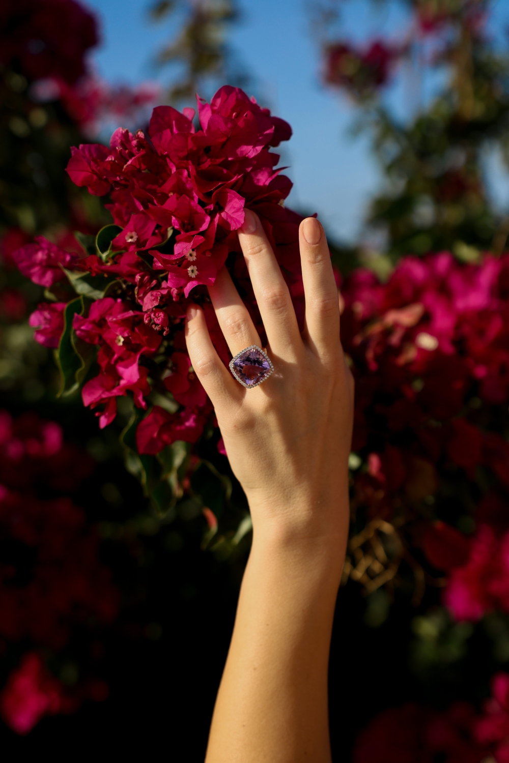 poniros-ring-bougainvillea-shot poniros jewellery ring against bougainvillea flowers